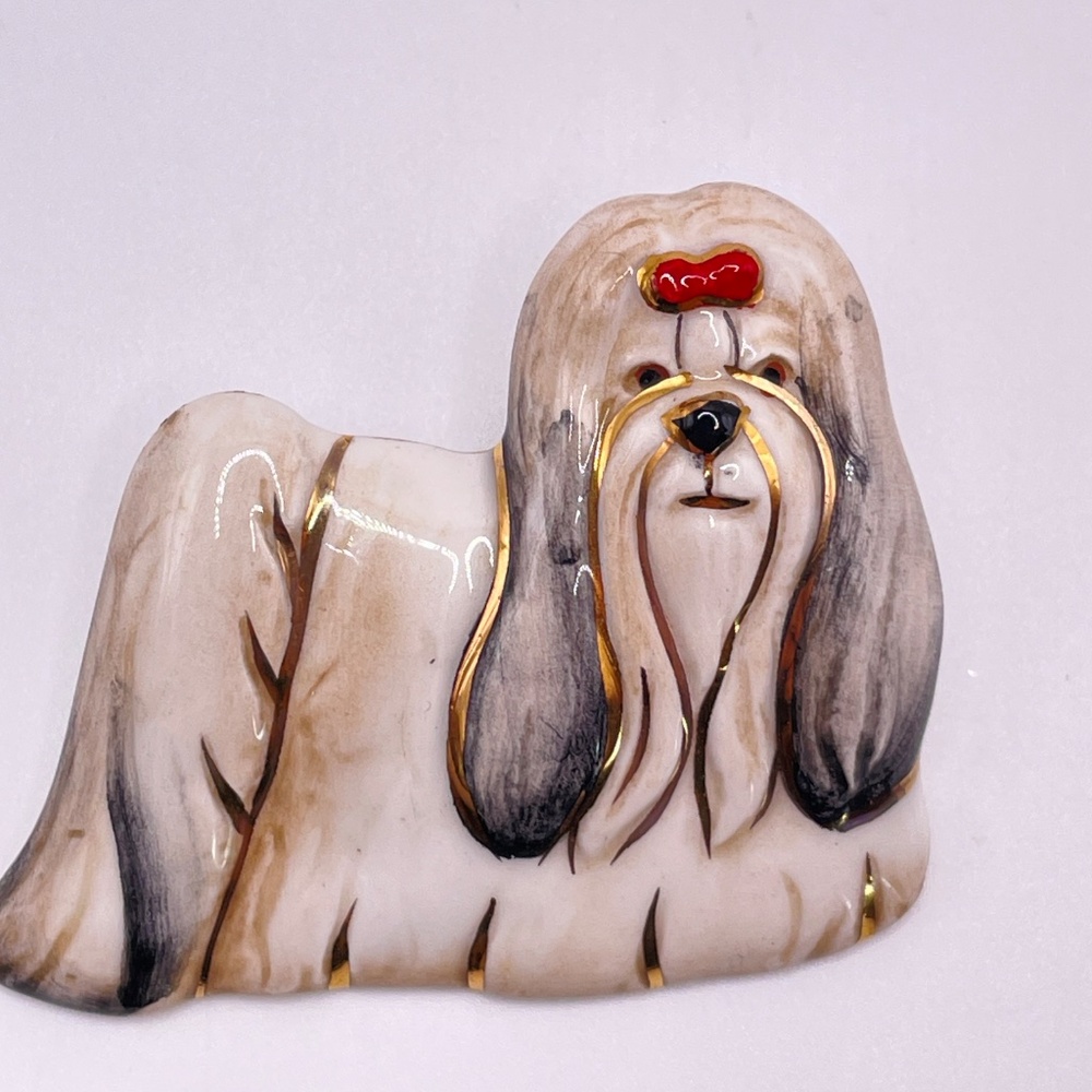 Ceramic Shih Tzu Lhasa Apso Dog Pin Brooch